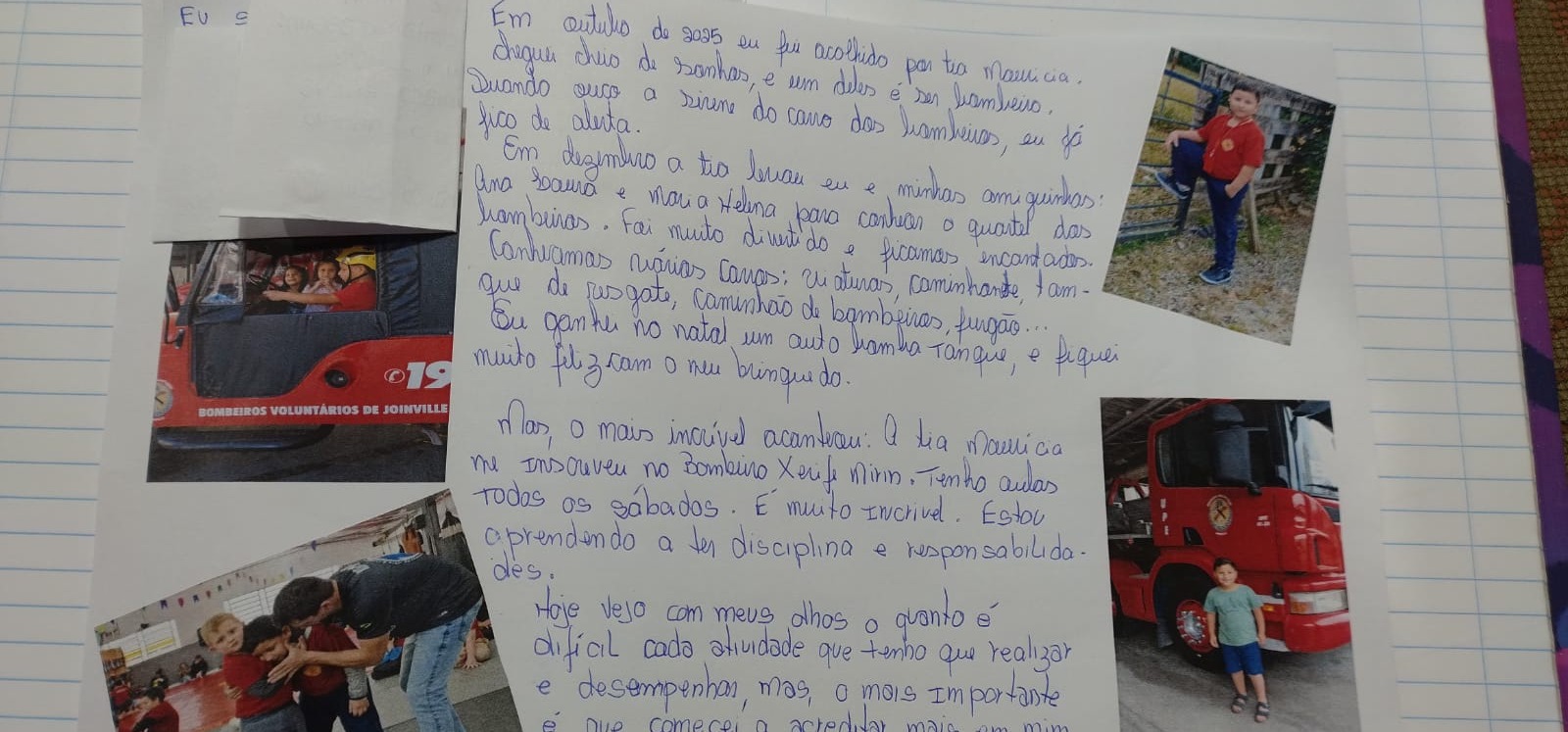 Carta de Enzo sobre sua experiência no Bombeiro Xerife Mirim
